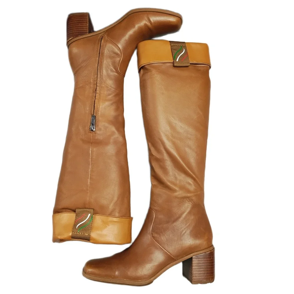 Franco Sarto Forla Knee High Boots Womens 6.5M Brown Leather Square Toe Side Zip